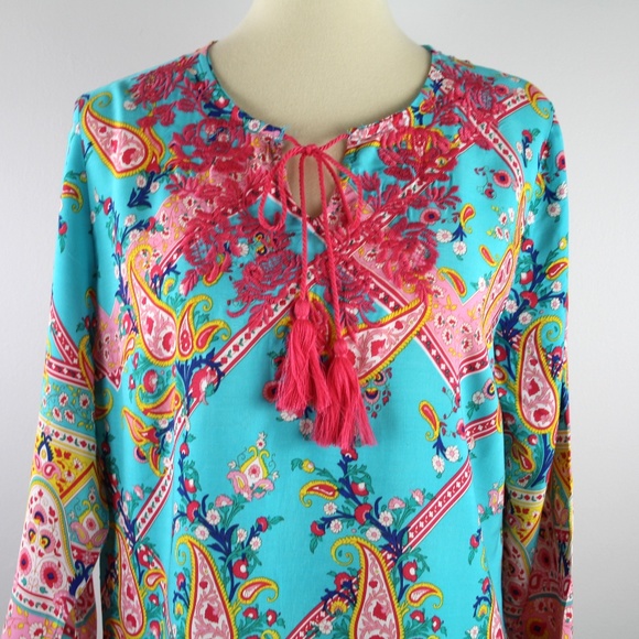 Paparazzi Paisley Embroidered Tunic Turquoise Floral Pink M NEW - Picture 2 of 5